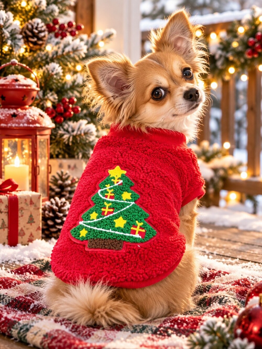 Christmas Tree Red Dog Sweater Cute Pet Clothes Holiday Season Winter